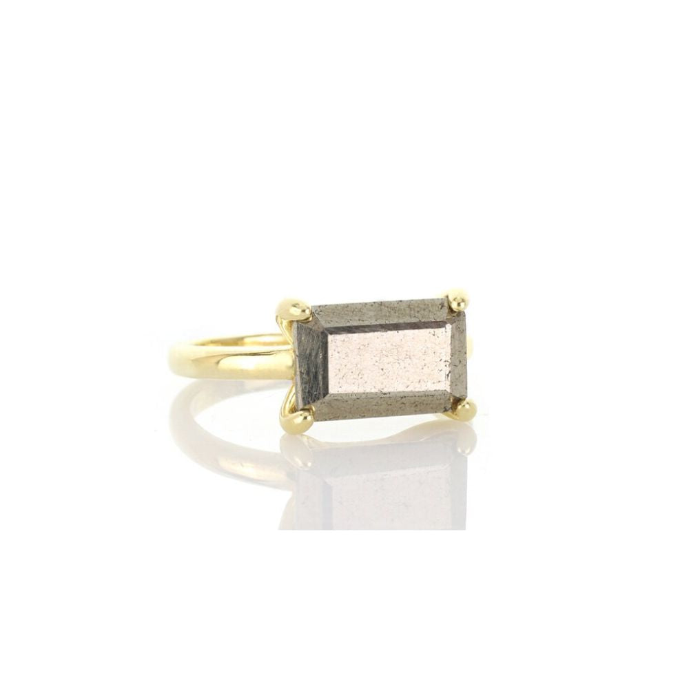 925 Sterling Silver Horizontal Pyrite Rectangle Ring - LuxuryBring